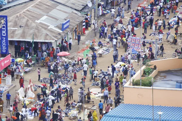 Aerial view of crowded Kariakoo market streets in Dar es Salaam.