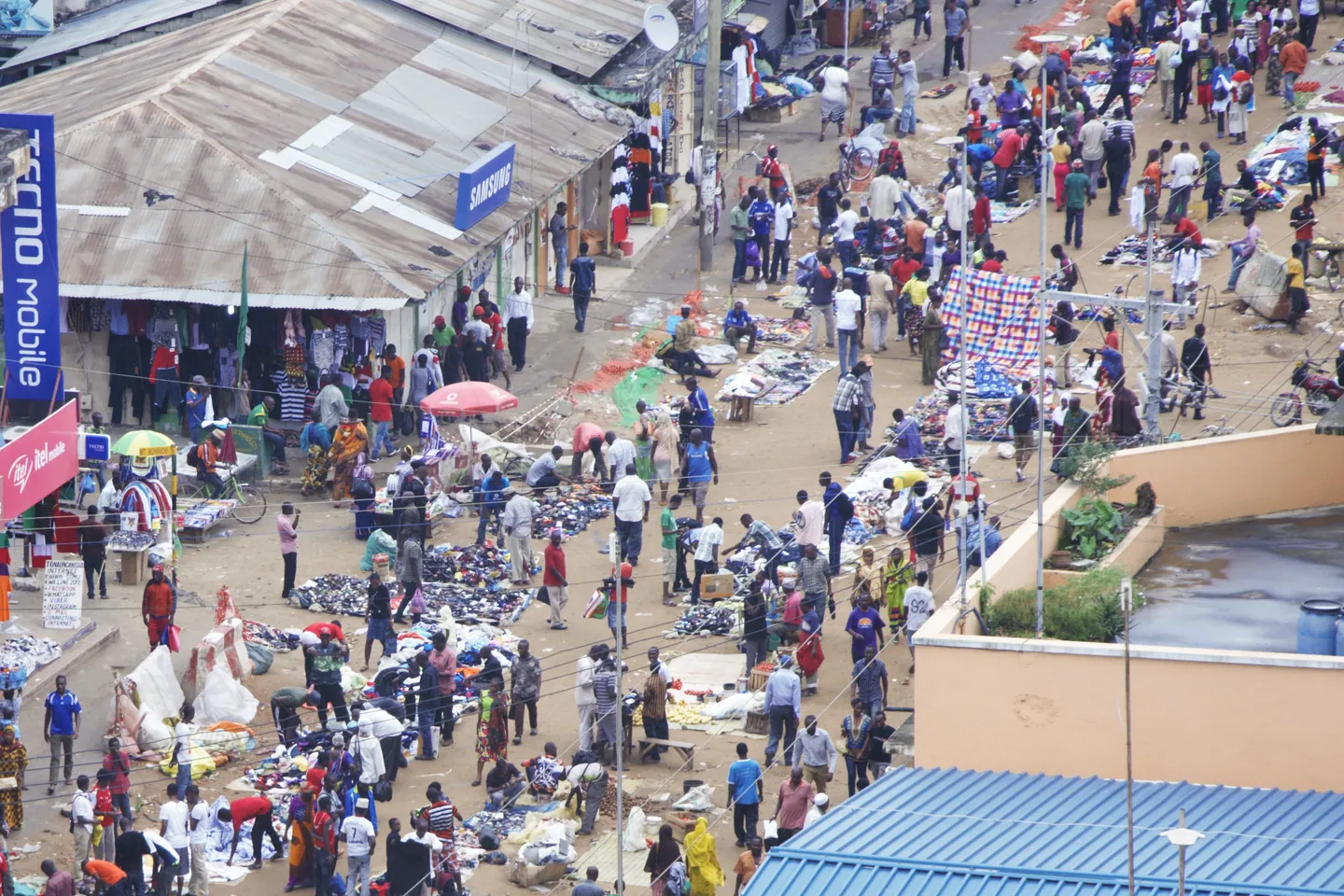 Aerial view of crowded Kariakoo market streets in Dar es Salaam.