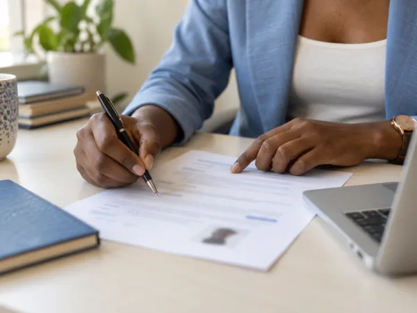 Editorial illustration: Hands writing a CV beside a laptop.