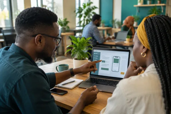 Picha ya mfano: Wenzake wawili wakikagua muundo wa programu kwenye kompyuta.